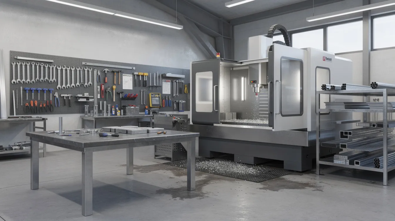 Die moderne Metallbauwerkstatt zeigt eine CNC-Maschine im Mittelpunkt, umgeben von verschiedenen Werkzeugen an der Wand. Diese Umgebung ist ideal für die Ausbildung zum Metallbauer, wo handwerkliche Fähigkeiten und technische Know-how in der Metallgestaltung und Konstruktionstechnik vermittelt werden.