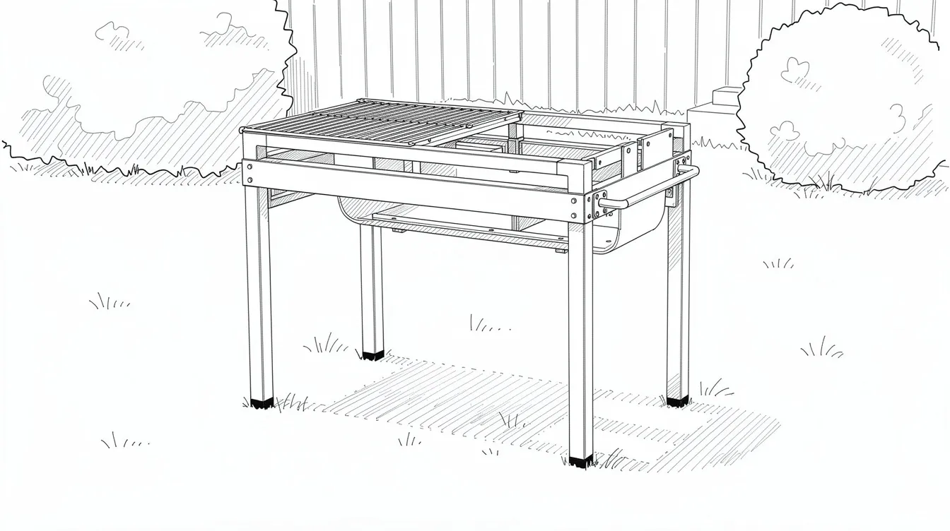 Ein skizzenhafter Metallgrill steht in einer Gartenumgebung, umgeben von Pflanzen und Rasen. Der Grill ist aus Stahlprofilen und Vierkantrohrbeinen gefertigt und bietet Platz für Grillkohle und Grillrost, ideal für ein DIY-Projekt zum Grill selber bauen.