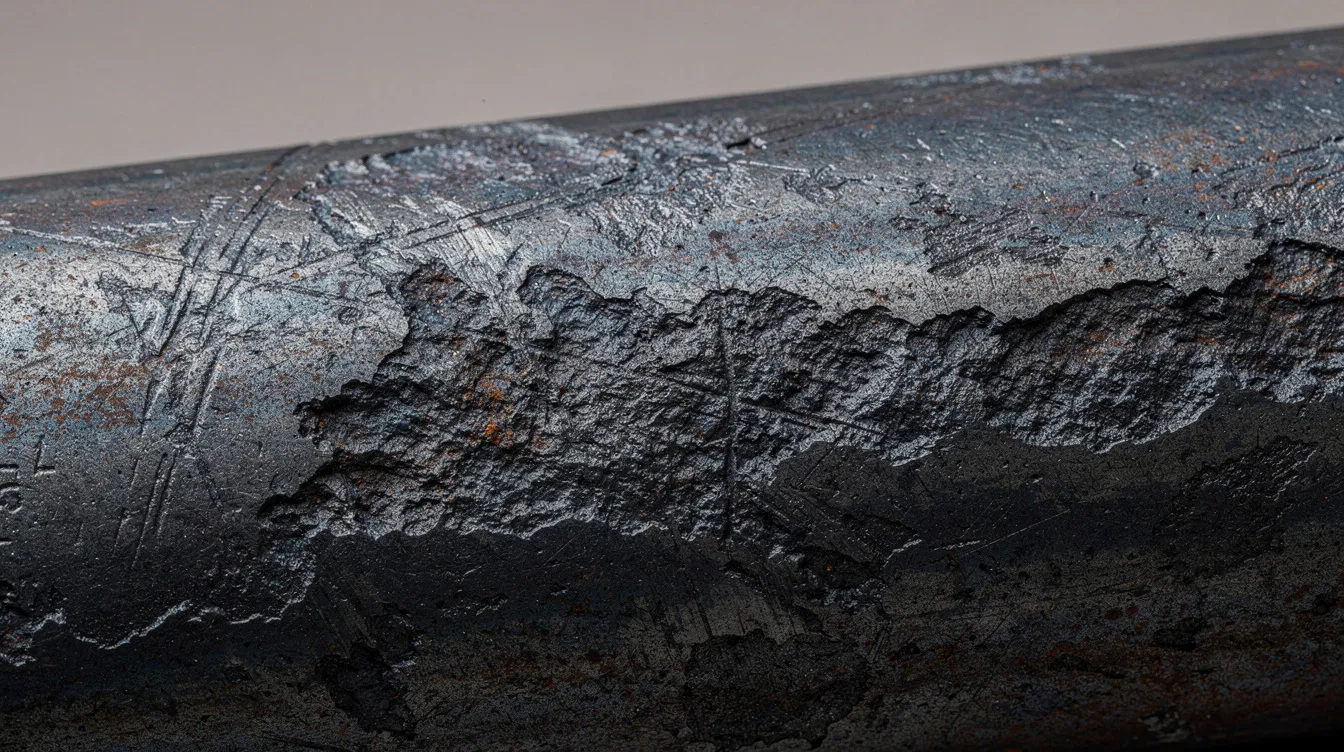 Die Nahaufnahme zeigt eine warmgewalzte Schwarzstahl-Oberfläche mit einer auffälligen blau-schwarzen Zunderschicht und einer unregelmäßigen Textur, die die Eigenschaften des Werkstoffs Stahl und seine industrielle Verarbeitung verdeutlicht. Die Kanten und die Oberflächenbeschaffenheit geben einen Einblick in die Herstellungsprozesse und die vielseitigen Anwendungen von Baustahl.