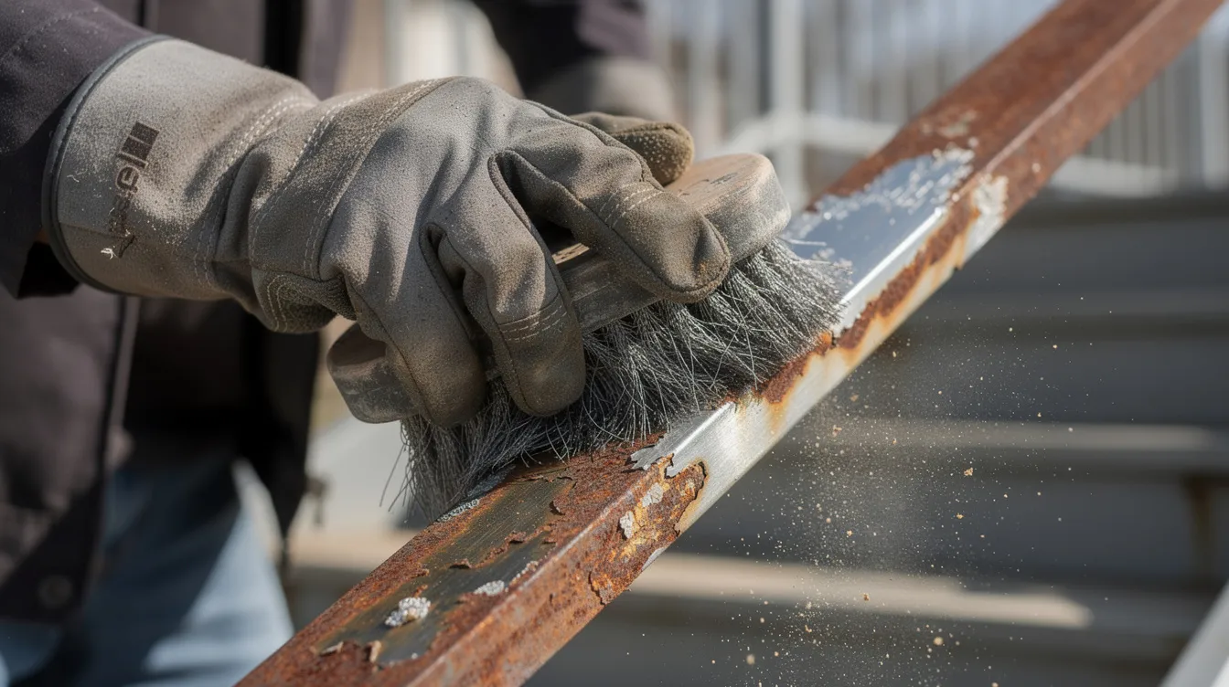 Eine Person mit Schutzhandschuhen entfernt mit einer Drahtbürste Rost von einem Metallgeländer, um die Metalloberfläche vor weiterer Korrosion zu schützen. Der Prozess ist wichtig für die Pflege von Metallkonstruktionen im Außenbereich und hilft, die Optik und Langlebigkeit des Geländers zu erhalten.