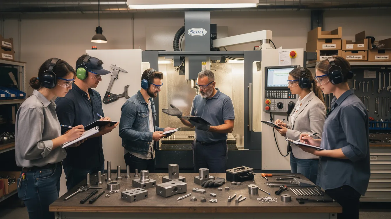 Eine Gruppe von Personen arbeitet gemeinsam in einer Werkstatt an einer CNC-Maschine, um die Grundlagen der CNC-Bearbeitung zu erlernen. Sie diskutieren über Programmierung und G-Code, während sie verschiedene Schritte zur Bedienung der CNC-Fräse und 3D-Drucktechniken durchgehen.