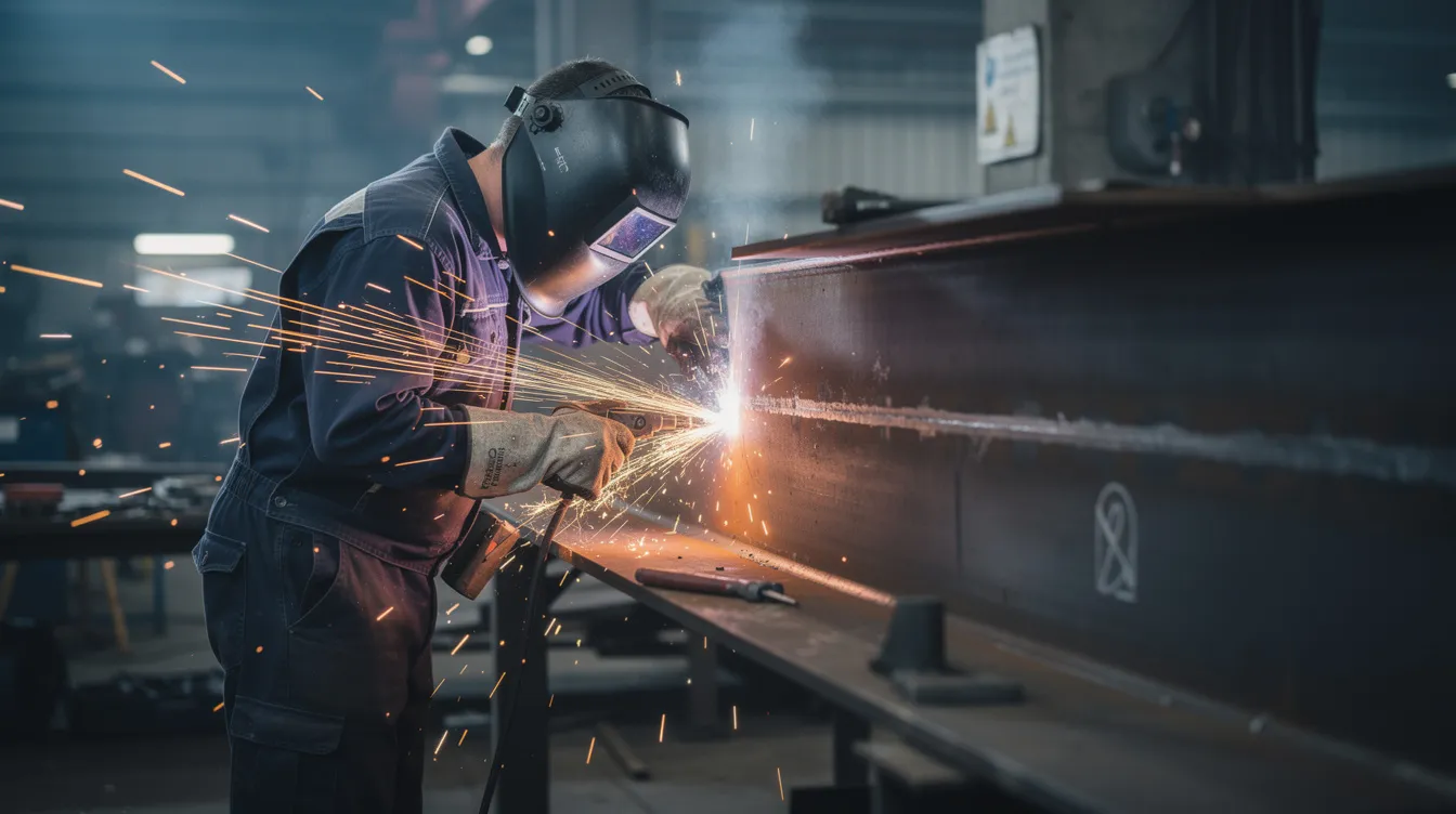 Ein Metallarbeiter in einer Werkstatt schweißt konzentriert an einer Stahlkonstruktion, während Funken sprühen. Diese Tätigkeit gehört zum Metallbauerhandwerk und erfordert präzises Fachwissen sowie handwerkliches Können.