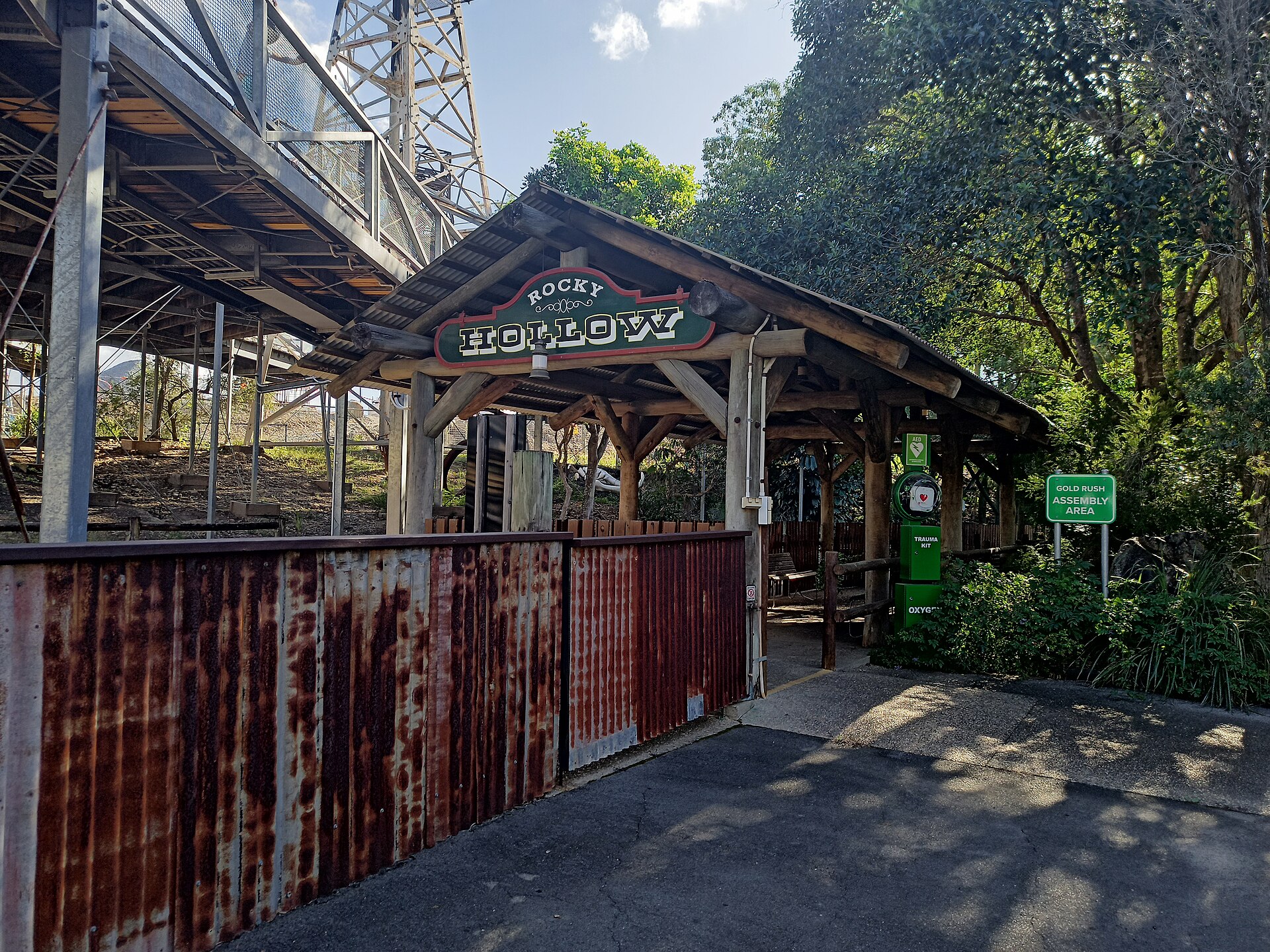 Rocky Hollow Station in April 2021. The train station was currently closed at this time for construction of Steel Taipan.