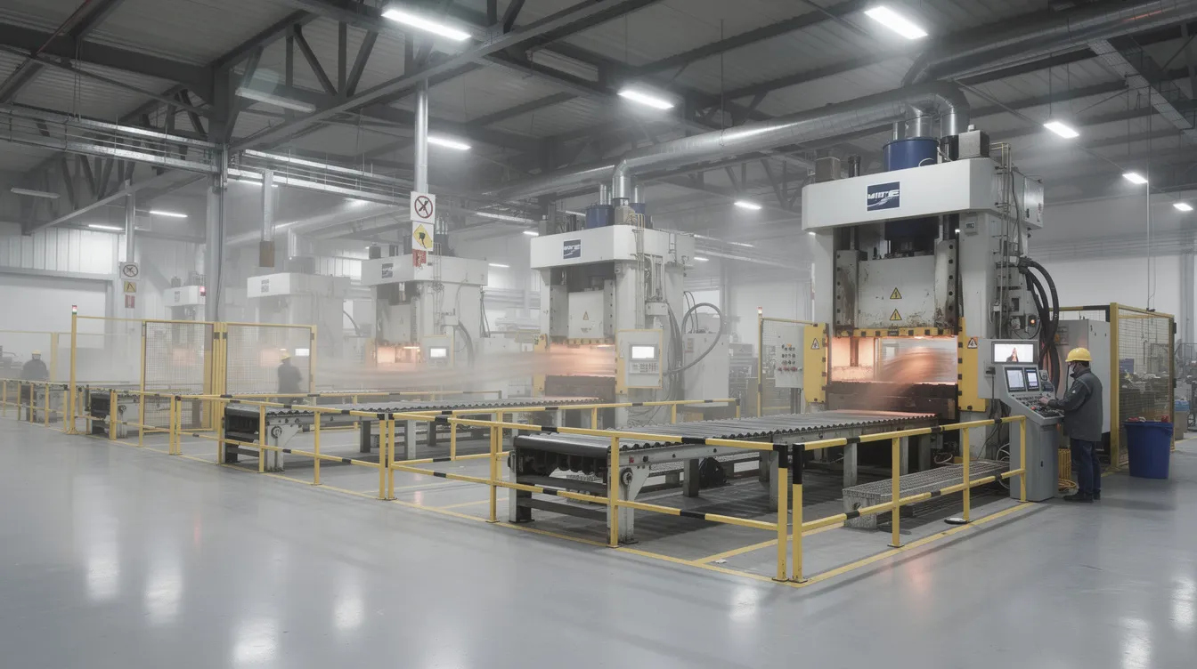 Die industrielle Produktionshalle zeigt mehrere Pressen und Stanzautomaten, die aktiv in der Serienfertigung von Metall- und Kunststoffteilen eingesetzt werden. Hier arbeiten Werkzeugmechanikerinnen und Werkzeugmechaniker, um qualitativ hochwertige Produkte herzustellen und die Arbeitsabläufe effizient zu gestalten.