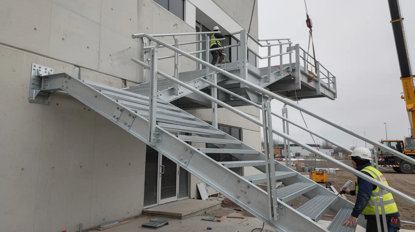 Die Stahltreppenanlage mit Geländer wird gerade an einem Gebäude montiert. Diese Konstruktionstechnik zeigt die präzise Metallbearbeitung, die für das Metallbauerhandwerk unerlässlich ist.