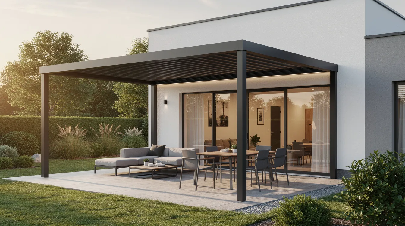 Die elegante anthrazitfarbene Pergola aus Metall ist an ein modernes Einfamilienhaus angebaut und bietet einen stilvollen Wetterschutz für die Terrasse, die mit bequemen Terrassenmöbeln ausgestattet ist. Die Schiebetür ermöglicht einen einfachen Zugang und ergänzt das zeitgemäße Design des Außenbereichs.