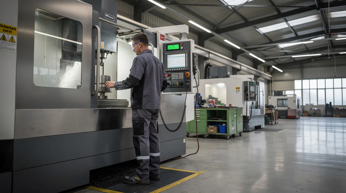 Ein junger Fachkraft in Arbeitskleidung bedient konzentriert eine große Metallbearbeitungsmaschine in einer industriellen Werkstatthalle. Diese Tätigkeit ist Teil der Produktionstechnik und erfordert umfangreiche Kenntnisse im Bereich Maschinen- und Anlagenbau.
