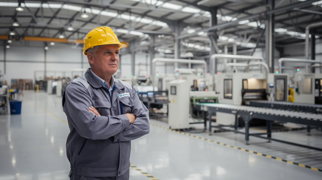 Ein Fachkraft mit Schutzhelm steht in leitender Position auf dem Hallenboden einer Produktionsstätte und überwacht die Fertigungsprozesse. Diese Führungskraft zeigt durch ihre Präsenz und Organisation, wie wichtig Fachwissen in der Metallverarbeitung für die Qualität und Effizienz im Unternehmen ist.