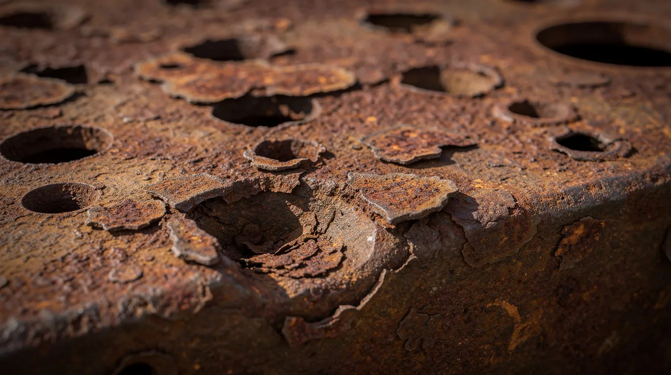 Die Nahaufnahme zeigt eine rostige Eisenoberfläche, die durch Lochfraßkorrosion stark beschädigt ist. Sichtbare Vertiefungen und die rauhe Textur verdeutlichen die Auswirkungen von Rostbildung und Oxidation auf das Metall.