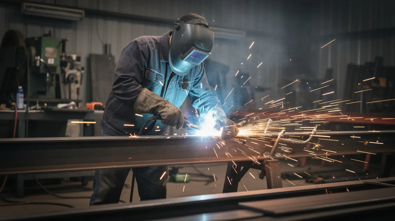 Ein Metallbauer in einer Werkstatt schweißt mit Schutzausrüstung, während Funken fliegen. Die Szene zeigt die handwerkliche Tätigkeit des Metallbauers, die Teil seiner Ausbildung zum Metallbauer ist.