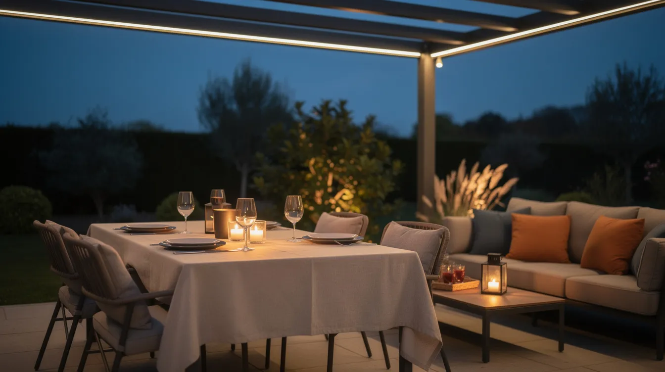 Die Abendszene zeigt eine elegante, beleuchtete Metallpergola mit warmweißen LED-Streifen, die über einem stilvoll gedeckten Tisch und komfortablen Lounge-Möbeln im Garten schwebt. Diese entspannende Atmosphäre lädt dazu ein, die warmen Sommerabende im Freien zu genießen.