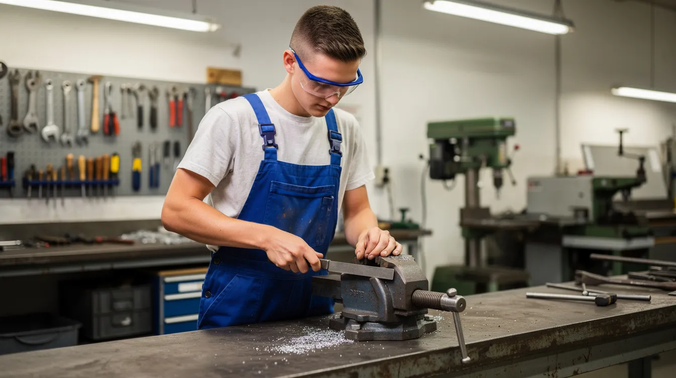 Ein Auszubildender steht an einer Werkbank in einer Ausbildungswerkstatt und feilt ein Metallstück. Diese handwerkliche Tätigkeit ist Teil seiner Ausbildung zum Metallbauer, in der er verschiedene Techniken und Verfahren erlernt, um Metall zu gestalten und zu bearbeiten.