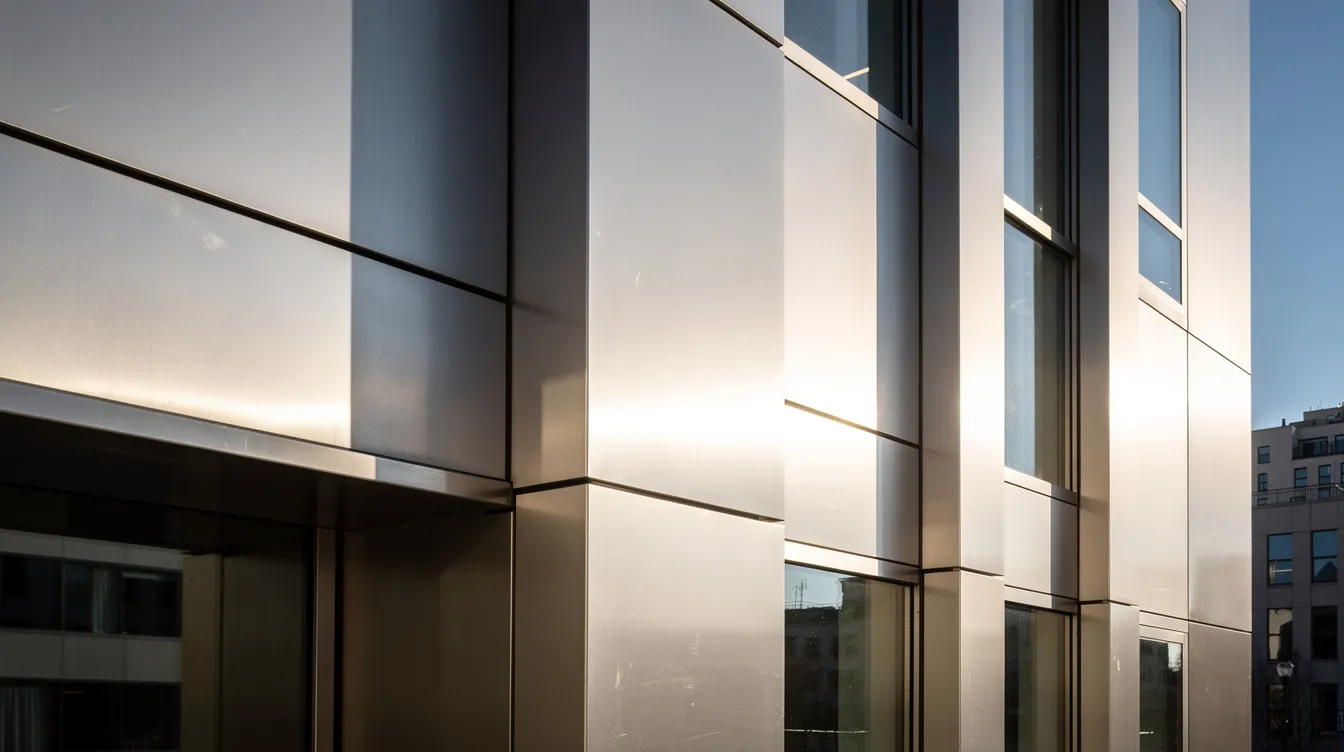 Das Bild zeigt moderne Edelstahl-Fassadenelemente, die bei Sonnenlicht glänzen und an einem zeitgenössischen Gebäude angebracht sind. Die Oberflächenqualität und die verschiedenen Stahlsorten, die in der Architektur verwendet werden, sind deutlich zu erkennen, was auf die vielseitigen Eigenschaften und Anwendungsmöglichkeiten von Edelstahl hinweist.