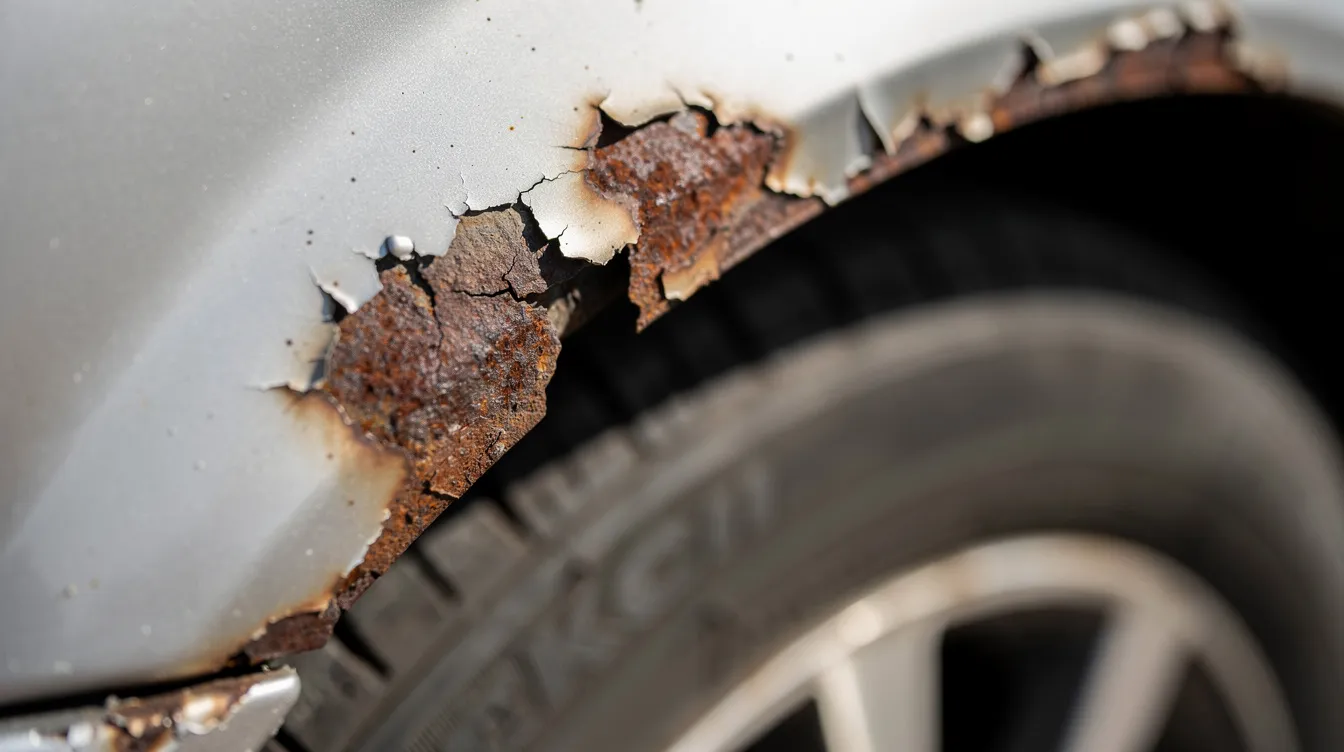 Die Nahaufnahme zeigt einen Radlauf eines Autos mit deutlichen Roststellen und abblätterndem Lack, was auf eine fortschreitende Korrosion hinweist. Die Metalloberfläche weist Verfärbungen und Rostflecken auf, die durch Feuchtigkeit und Sauerstoff verursacht wurden.