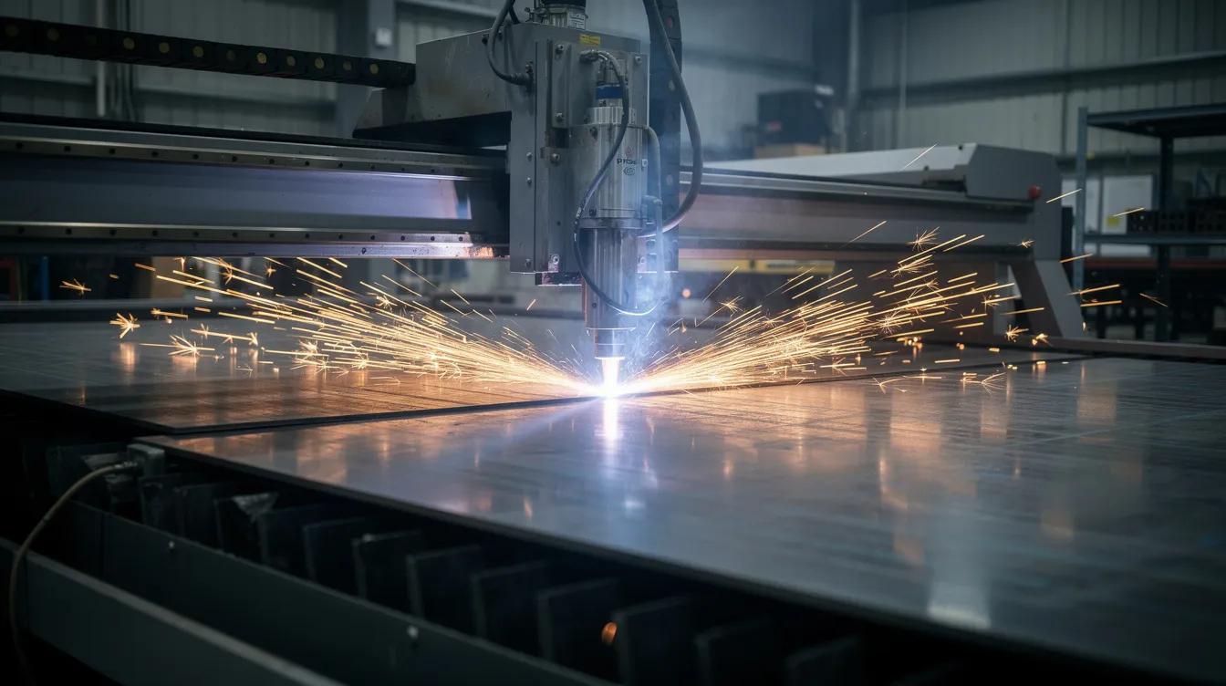 Die industrielle Laserschneidmaschine schneidet präzise eine Stahlblechtafel mit einer Materialstärke von 1,5 mm, während Funken fliegen. Im Hintergrund sind verschiedene Stahlblecharten sichtbar, die für unterschiedliche Anwendungen in der Industrie verwendet werden.