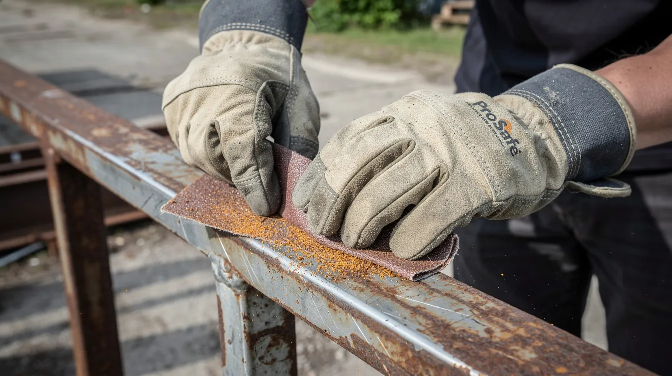Eine Person trägt Arbeitshandschuhe und schleift mit Schleifpapier über ein rostiges Metallgeländer im Freien. Die Oberfläche des Geländers zeigt deutliche Roststellen, die durch die Rostentfernung bearbeitet werden.