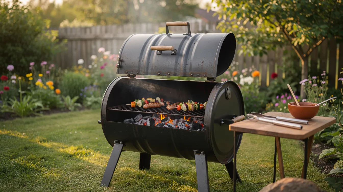 Ein rustikaler Barrel-Grill aus einem halbierten Ölfass steht in einem sommerlichen Garten, umgeben von grünen Pflanzen und Blumen. Dieser DIY-Grill bietet eine gemütliche Feuerstelle für die Familie und Freunde, ideal für Grillabende im Freien.