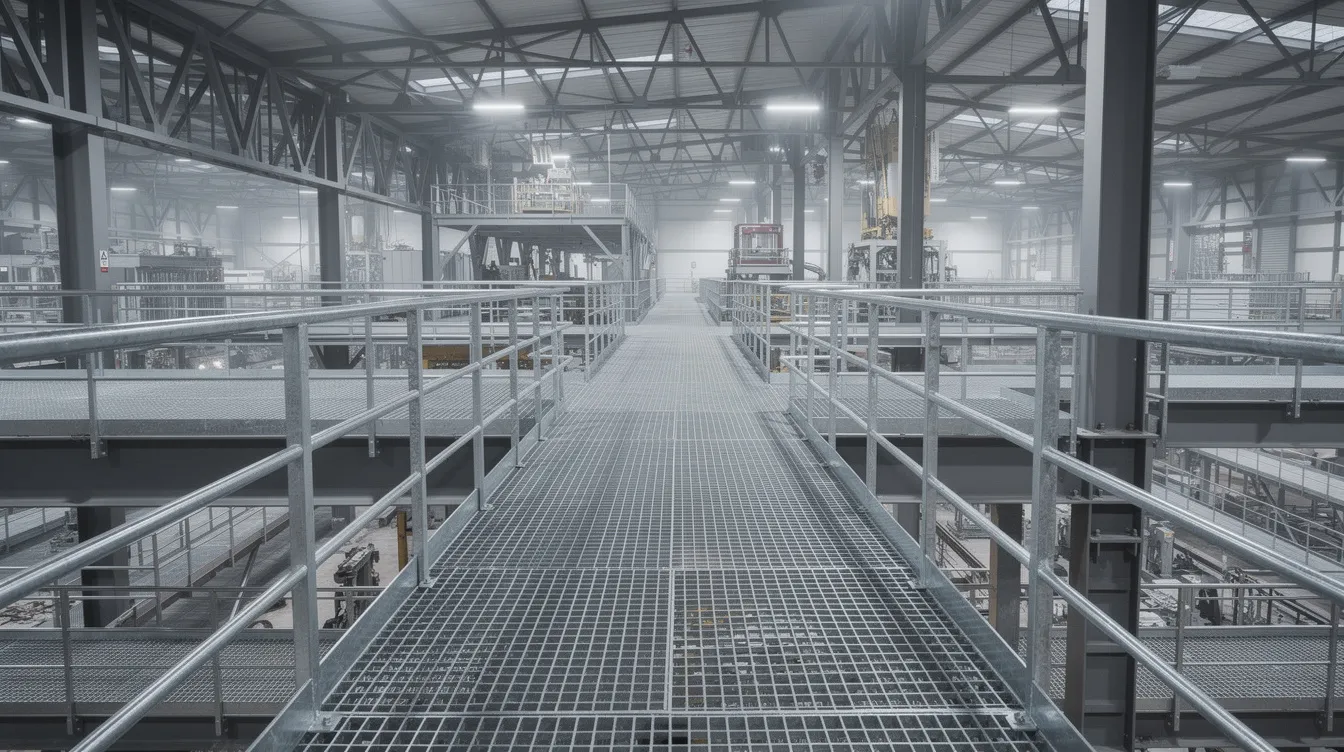 In der großen Produktionshalle sind industrielle Laufstege aus Stahlgitterrosten sichtbar, die durch ihre Stabilität und Funktionalität bestechen. Die Metallkonstruktionen bieten eine sichere und effiziente Möglichkeit, verschiedene Bereiche der Fertigung zu erreichen.