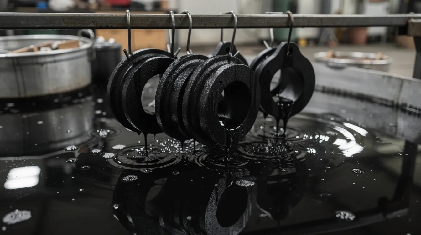 In der Abbildung sind brünierte Metallteile zu sehen, die in ein Ölbad getaucht werden, um eine Schutzschicht zur Konservierung zu bilden. Dieser Prozess dient der Oberflächenbehandlung und schützt die Teile vor Korrosion und Rost.