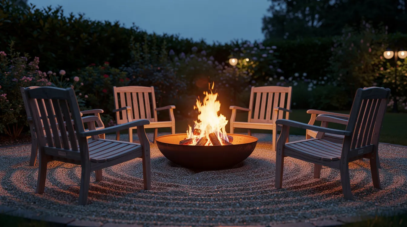 Eine abendliche Gartenszene zeigt eine brennende Feuerschale auf einem Kiesbett, umgeben von gemütlichen Holzstühlen, die einen einladenden Treffpunkt für Freunde und Familie schaffen. Diese Feuerstelle im Garten strahlt Wärme und Lagerfeuerromantik aus und bietet Inspirationen für DIY-Projekte wie die Feuerschale selber bauen.