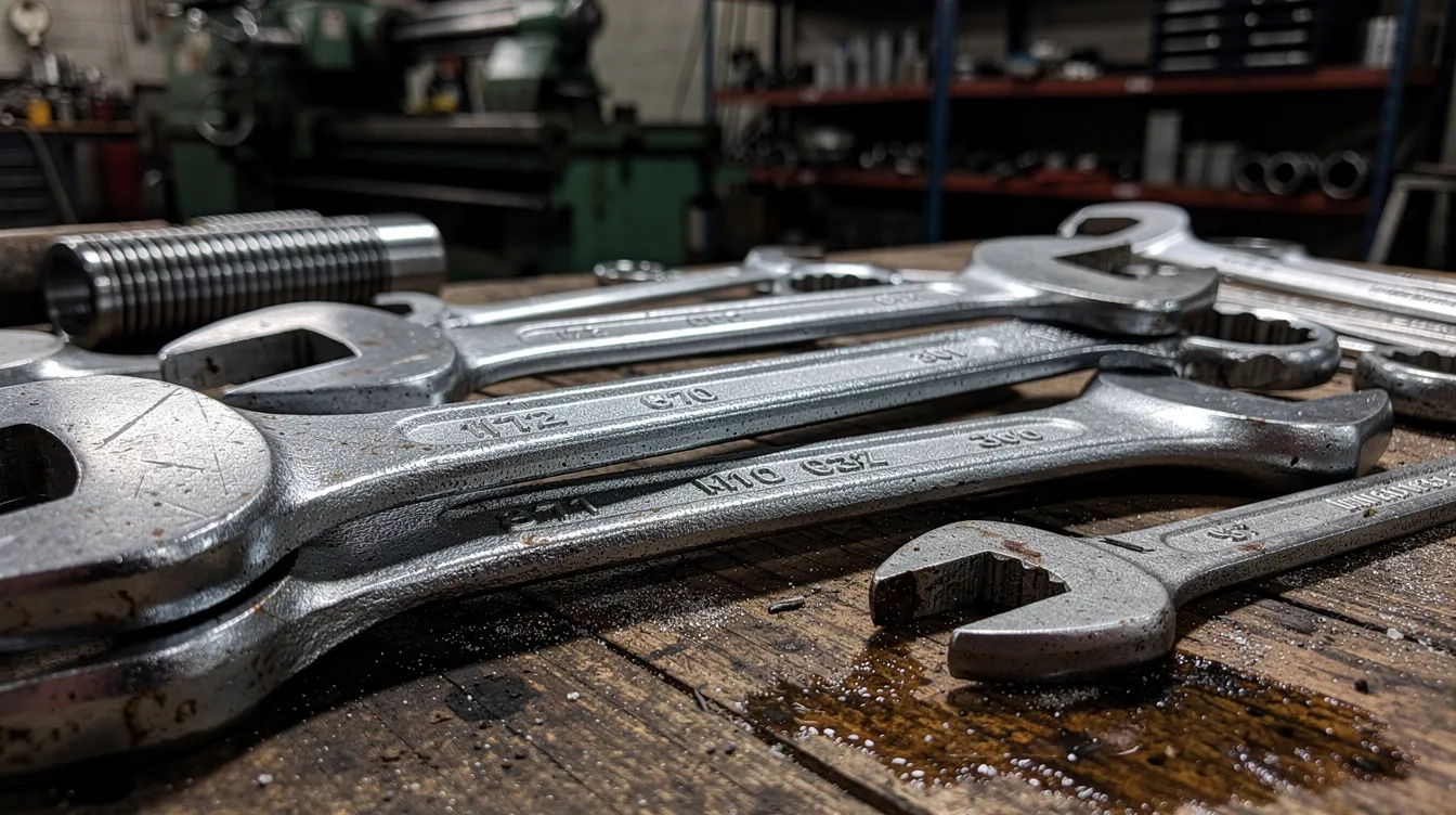Eine Nahaufnahme von verschiedenen Metallwerkzeugen und Schraubenschlüsseln auf einer Werkbank in einer Industriewerkstatt, die die Präzision und Vielfalt der Werkzeuge für die Instandhaltung und Produktionstechnik zeigt. Die Werkbank ist ordentlich und spiegelt die wichtige Rolle des Handwerks und der industriellen Berufe wider.