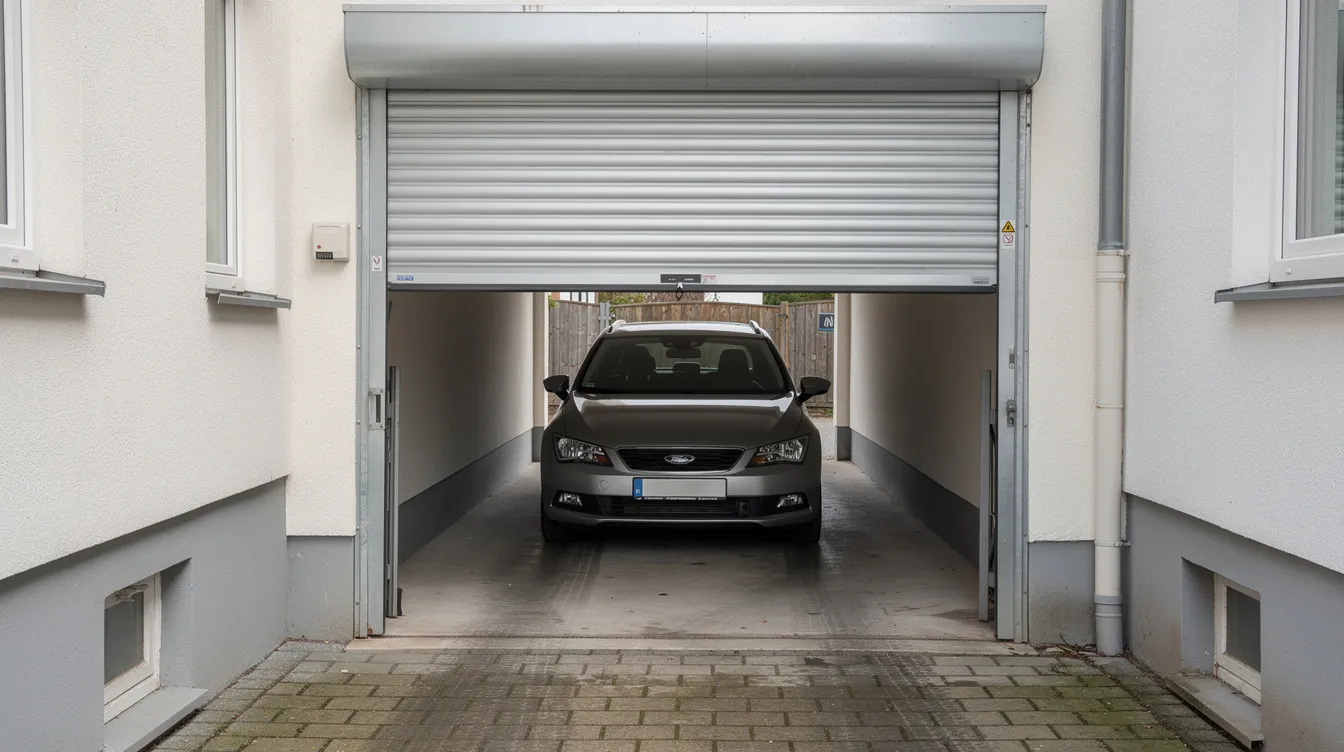 Die enge Einfahrt eines Reihenhauses zeigt ein geöffnetes Rolltor aus Aluminium, hinter dem ein geparktes Auto sichtbar ist. Die Aluminium-Lamellen des Rolltors bieten eine moderne Lösung für die Garagenöffnung und fügen sich harmonisch in die Umgebung ein.