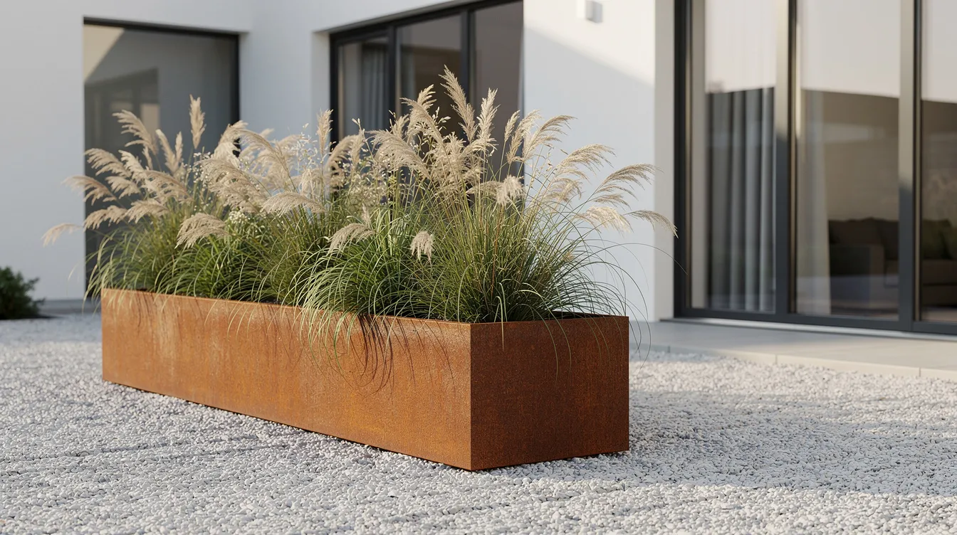 Ein großer Cortenstahlkübel steht auf einer Kiesfläche und ist mit Ziergräsern bepflanzt. Der moderne Blumenkübel aus Metall fügt sich harmonisch in die Gestaltung der Hausfassade ein und verleiht dem Außenbereich eine elegante Note.