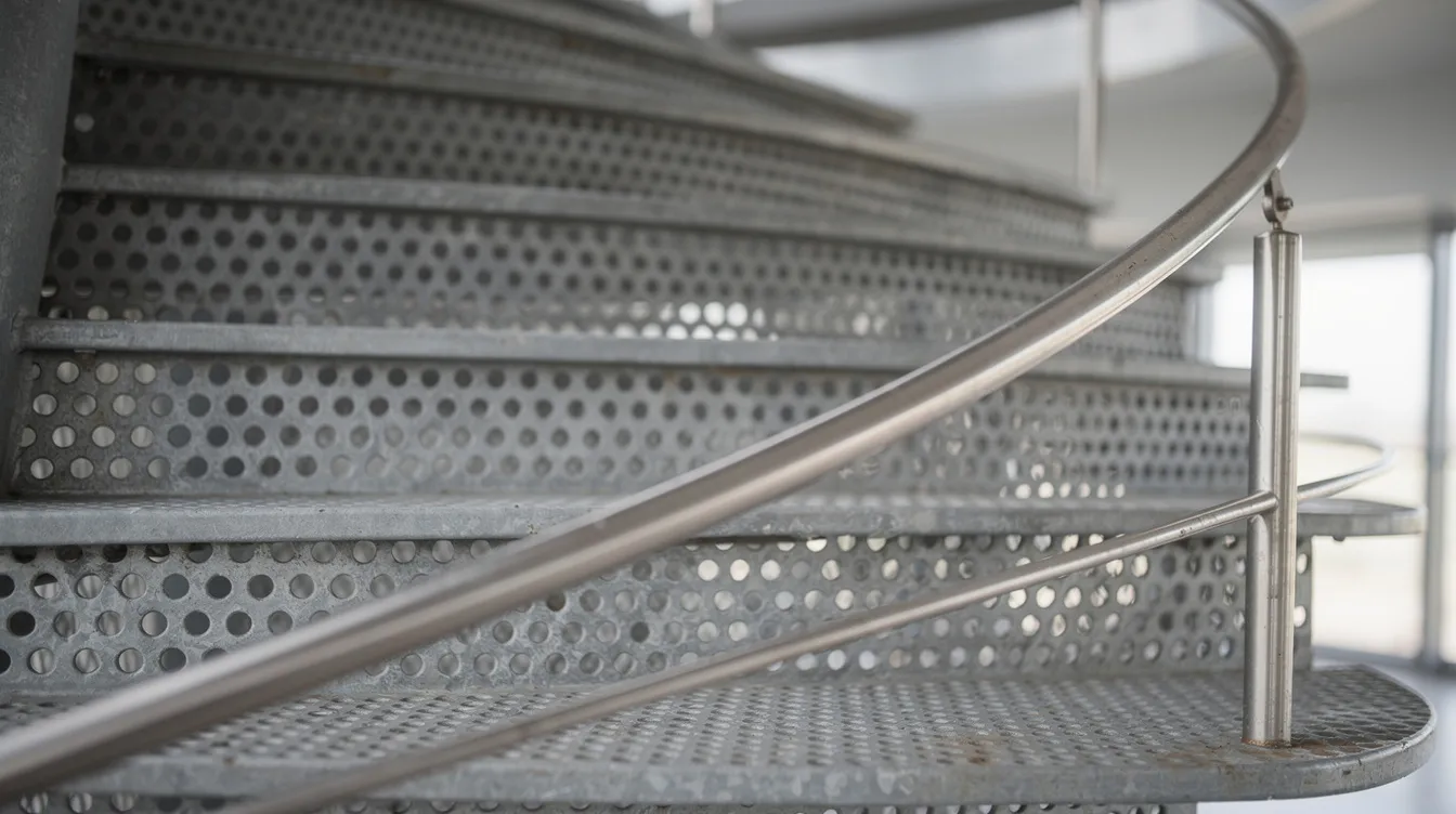 Die Nahaufnahme zeigt die Metallstufen einer Wendeltreppe mit einer Lochblechstruktur und einem eleganten Edelstahl-Handlauf. Die Stufen sind funktional und bieten Sicherheit, während das moderne Design der Treppe sowohl für Innen- als auch Außenbereiche geeignet ist.
