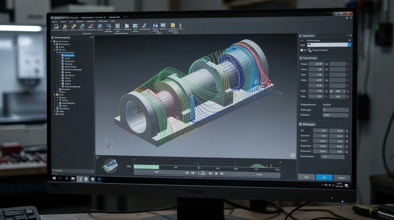 Auf dem Bildschirm eines Computers ist eine CAM-Software zu sehen, die die Fräsbahnen eines 3D-Modells darstellt. Diese Ansicht zeigt die Programmierung für die CNC-Fräse, die für die Fertigung von Bauteilen genutzt wird.