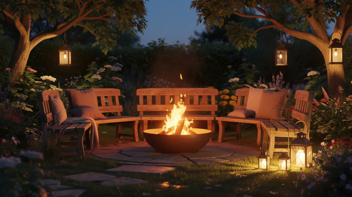 Ein gemütlicher Sitzkreis mit Holzbänken um eine brennende Feuerschale bildet den Mittelpunkt eines abendlichen Gartens, umgeben von warmem Licht und Laternen im Hintergrund, die eine einladende Atmosphäre für Freunde schaffen. Diese Szene inspiriert zu Ideen für eine DIY Feuerschale und Lagerfeuerromantik im eigenen Garten.