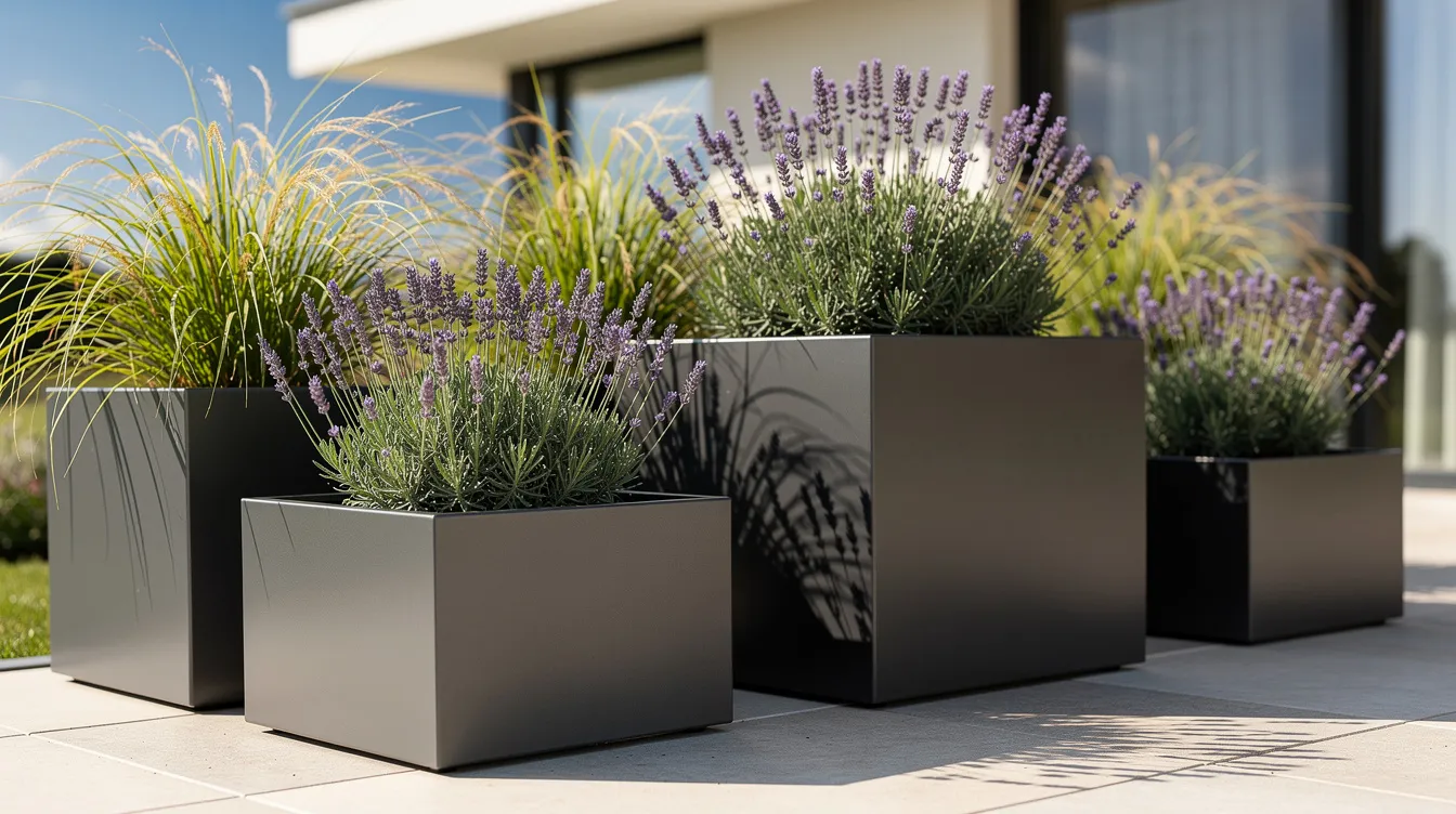 Auf der sonnigen Terrasse stehen moderne Metallpflanzkübel in verschiedenen Größen, bepflanzt mit Gräsern und Lavendel. Die Pflanzkübel aus Metall in eleganter anthrazit Farbe verleihen dem Außenbereich eine stilvolle Note.