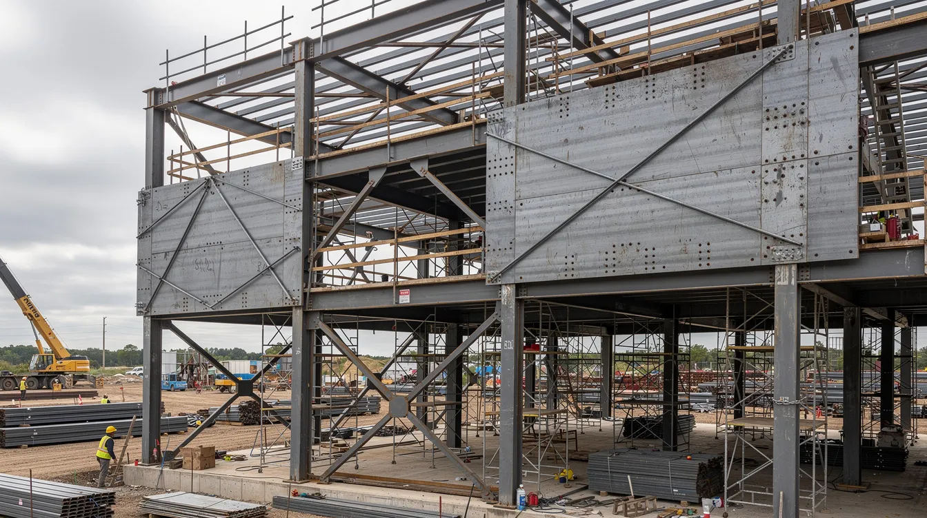 Die Abbildung zeigt eine Stahlkonstruktion auf einer Baustelle, wo verschiedene Stahlbleche an Trägern und Wänden sichtbar sind. Die Konstruktion besteht aus robustem Baustahl, der für die Stärke und Festigkeit der Struktur sorgt.