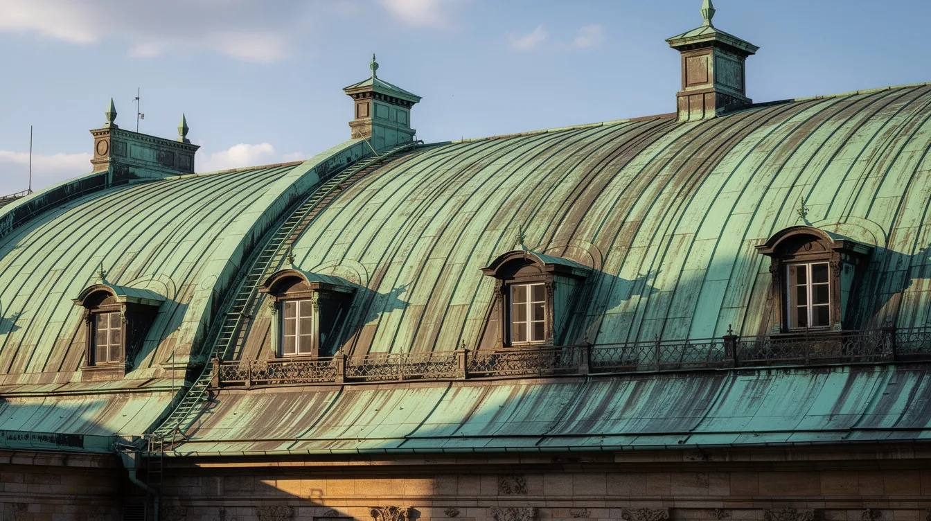 Das Bild zeigt ein Kupferdach eines historischen Gebäudes, das von einer grünen Patina überzogen ist und im Sonnenlicht glänzt. Die metallische Oberfläche ist durch den natürlichen Prozess der Oxidation und Korrosion entstanden, was dem Dach eine einzigartige Optik verleiht.