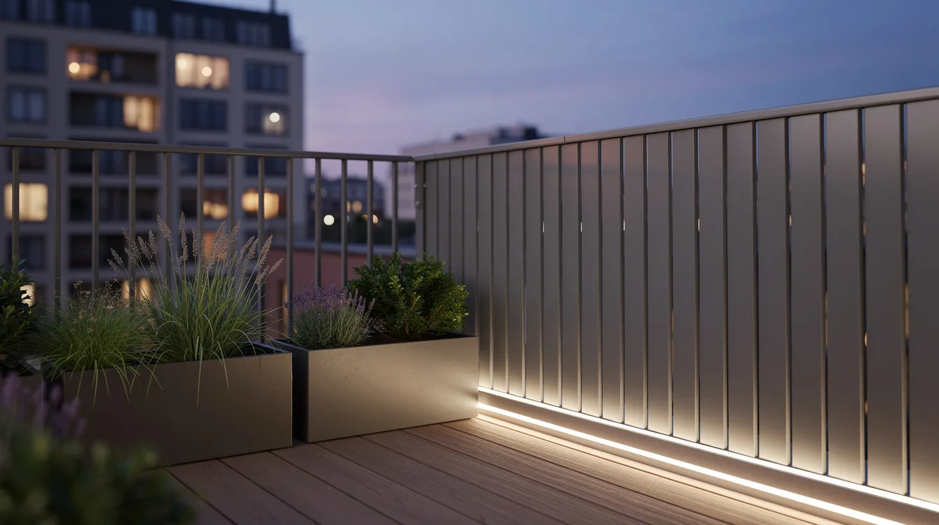 Das Bild zeigt einen modernen Stadtbalkon mit einem eleganten Aluminium-Sichtschutz, der für Privatsphäre sorgt. Umgeben von stilvollen Pflanzkübeln und sanfter abendlicher LED-Beleuchtung schafft er eine einladende Atmosphäre im Außenbereich.