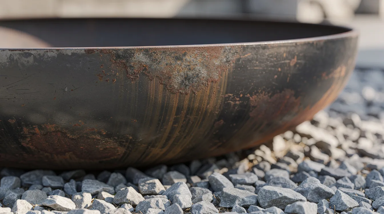 Die Nahaufnahme zeigt eine Stahl-Feuerschale mit sichtbarer Patina und Rostspuren, die auf einem Kiesbett platziert ist. Diese kreative Feuerstelle im Garten strahlt Lagerfeuerromantik aus und bietet Inspirationen für alle, die eine Feuerschale selber bauen möchten.