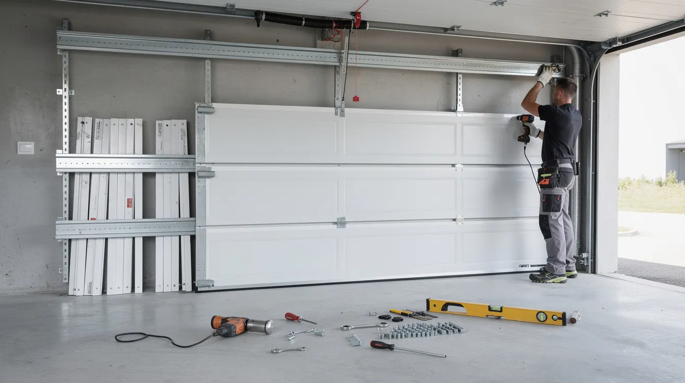 Ein Handwerker montiert ein Garagen-Sektionaltor in einer Garage, während Werkzeug und Führungsschienen sichtbar sind. Die Montage erfolgt präzise, um die Stabilität und Sicherheit des Torblatts zu gewährleisten.