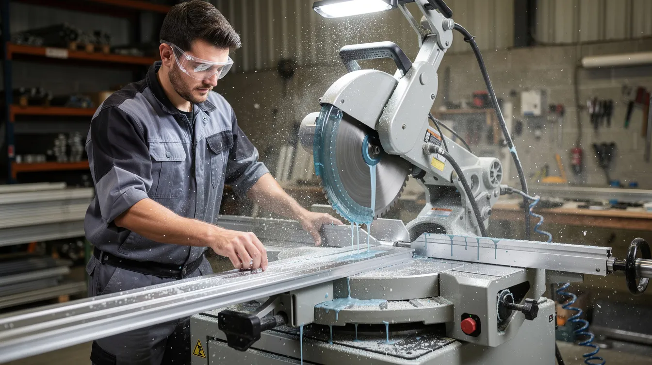 Eine Person trägt eine Schutzbrille und sägt ein Aluminiumprofil auf einer Kappsäge, während ein Kühlmittel eingesetzt wird, um die Qualität der Schnitte zu gewährleisten. Im Hintergrund sind verschiedene Aluminiumprofile und Werkzeuge zu sehen, die für Projekte im Maschinenbau verwendet werden.