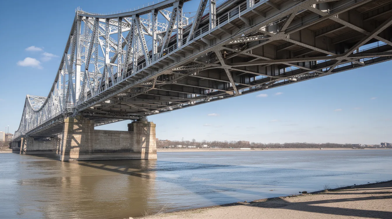 Die große Stahlbrücke überspannt einen Fluss und zeigt eine beeindruckende Stahlkonstruktion, die bei Tageslicht gut sichtbar ist. Die Brücke besteht aus hochwertigem Baustahl, der für seine Festigkeit und Schweißbarkeit bekannt ist, und ist ein Beispiel für moderne Ingenieurkunst im Stahlbau.