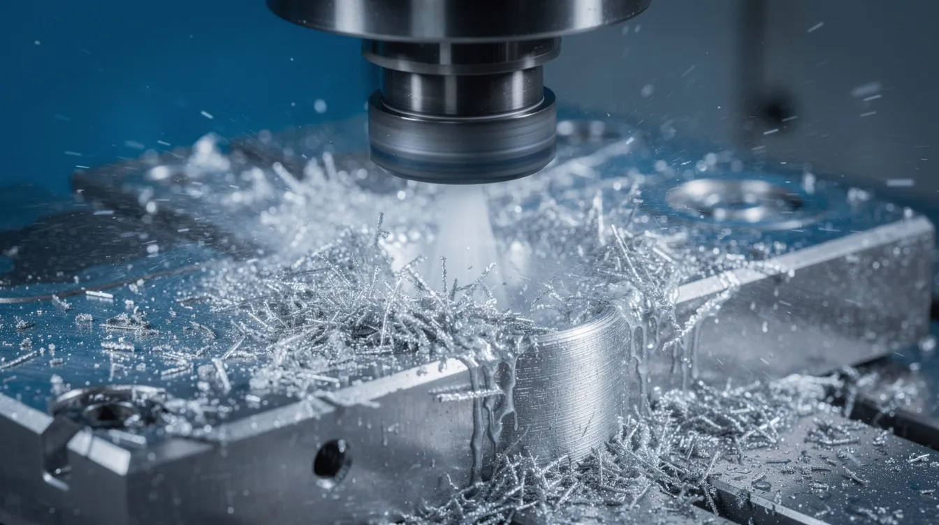 Die Nahaufnahme zeigt eine CNC-Fräsmaschine, die ein Metallwerkstück bearbeitet, während ein Kühlmittelstrahl feine Metallspäne abführt. Diese präzisen Tätigkeiten sind typisch für die Ausbildung zum Zerspanungsmechaniker, wo Kenntnisse in der CNC-Technik und Maschinenbearbeitung vermittelt werden.