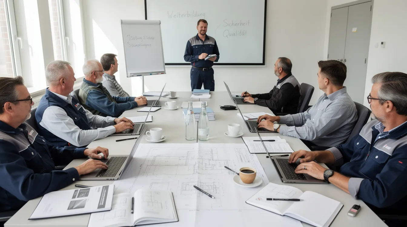 In einem Seminarraum sitzen mehrere Handwerker, die Notebooks und verschiedene Lernmittel vor sich haben, während sie an einer Weiterbildung im Metallbauerhandwerk teilnehmen. Die Gruppe konzentriert sich auf den Unterricht zur Vorbereitung auf die Meisterprüfung, um ihre Kenntnisse in der Metallverarbeitung und Betriebsführung zu vertiefen.