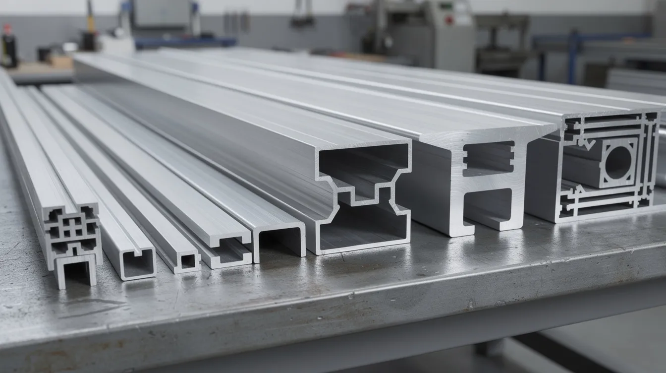 Auf einem Werkstisch sind verschiedene Aluminiumprofile in unterschiedlichen Größen und Querschnitten nebeneinander angeordnet. Diese Aluprofile bieten eine Vielzahl von Lösungen für Konstruktionen und Projekte im Maschinenbau.