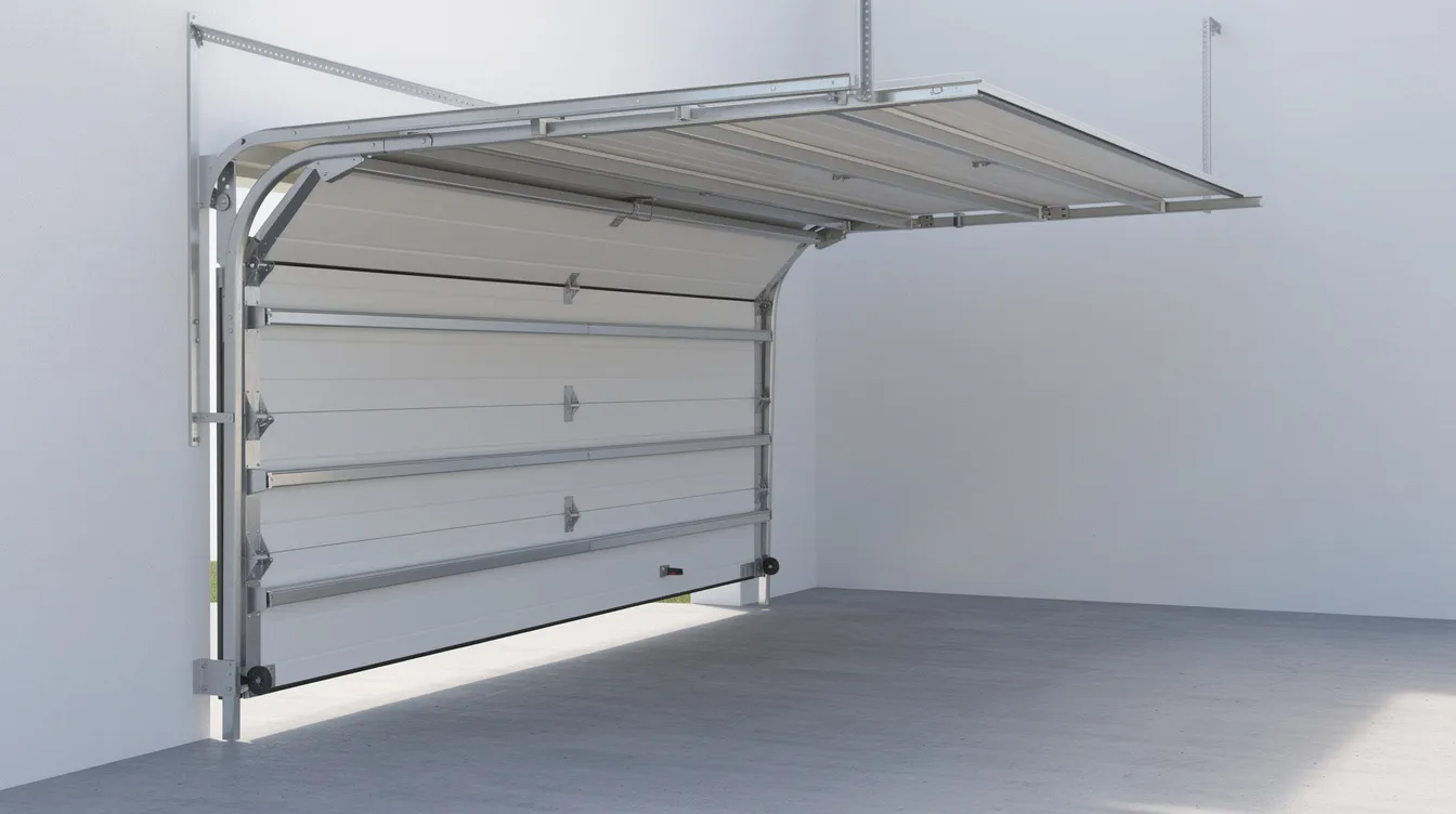 Die Seitenansicht einer Garage zeigt ein geöffnetes Sektionaltor, bei dem die einzelnen Paneele unter der Garagendecke liegen. Die seitlichen Laufschienen sind deutlich sichtbar, was die Funktionalität und das Design des Garagentors hervorhebt.