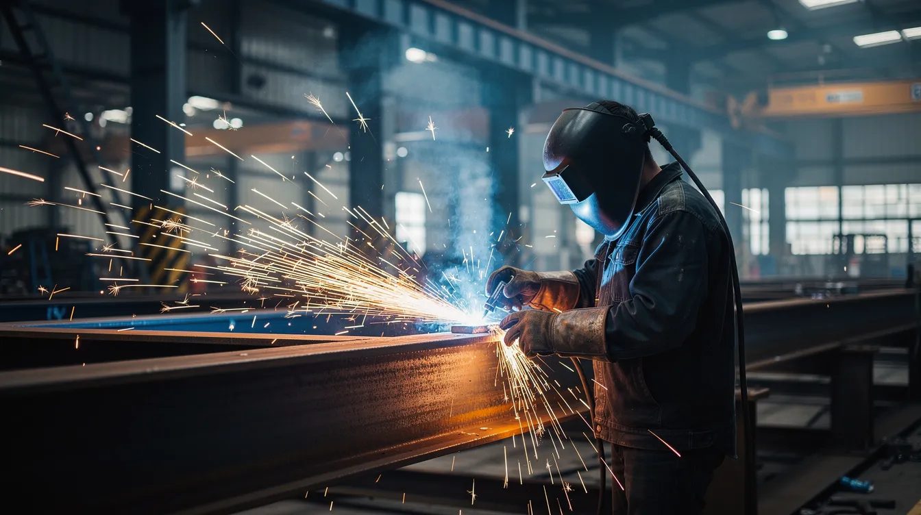 Ein Schweißer in Schutzhelm und Handschuhen führt Schweißarbeiten an einer Stahlkonstruktion in einer Industriehalle aus, während Funken sprühen. Diese Szene zeigt die handwerklichen Fähigkeiten und Techniken, die in der Schweißer-Ausbildung vermittelt werden.