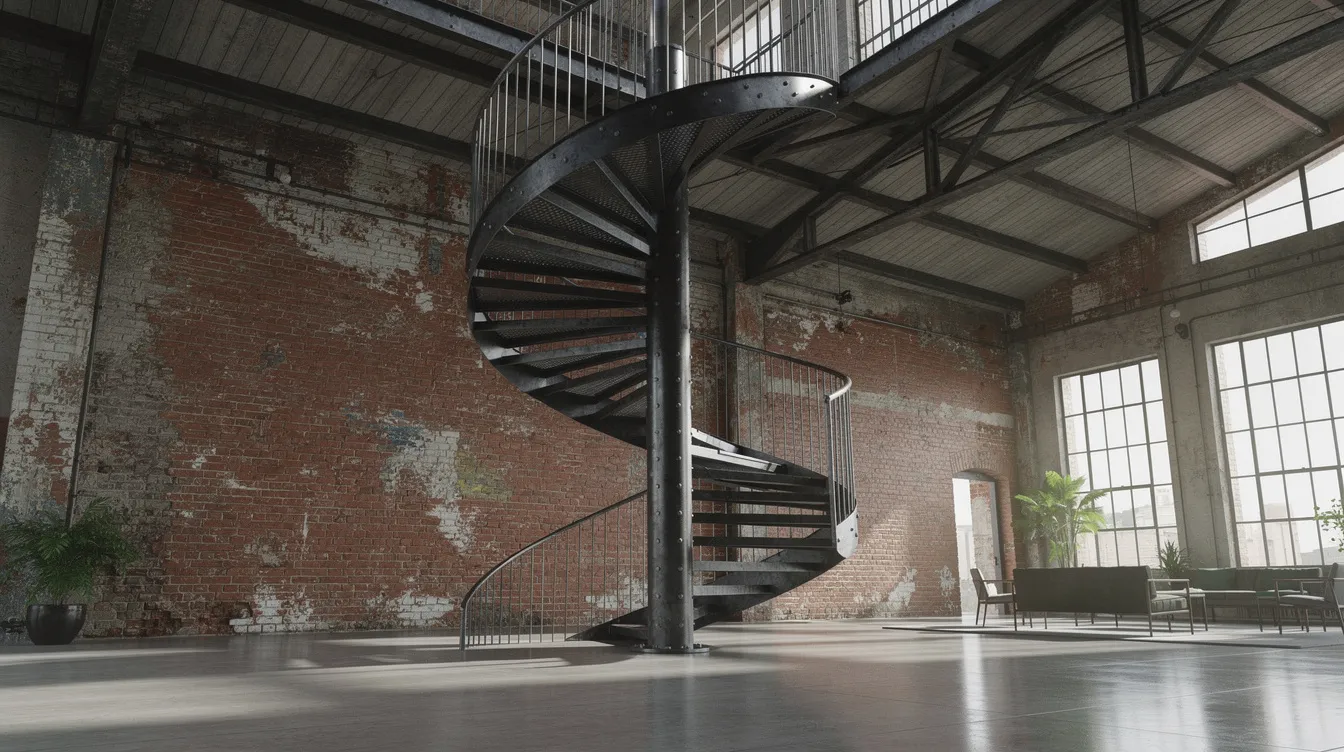 Die industrielle Wendeltreppe aus Stahl in der umgebauten Fabrikhalle zeigt eine elegante Treppenform mit robusten Stahlstufen und einem modernen Geländer, das sich harmonisch an die offene Backsteinwand anpasst. Die Konstruktion vermittelt Funktionalität und Design, während die Höhe der Treppe den Innenbereich der Halle optimal nutzt.