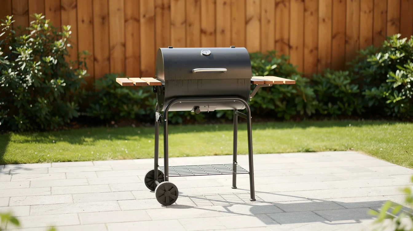 Ein Metallgrill steht auf einer gepflasterten Terrasse in einem Garten, umgeben von einem Holzzaun, der einen sicheren Abstand gewährleistet. Der Grill ist bereit für das Grillen von köstlichem Grillgut und bietet eine ideale Grillfläche für gesellige Abende im Freien.