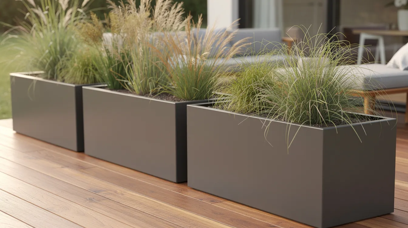 Eine Reihe von rechteckigen, anthrazitfarbenen Metallpflanzkübeln steht als eleganter Raumteiler auf einer Holzterrasse und ist mit verschiedenen Gräsern bepflanzt. Diese stilvollen Pflanzgefäße aus Metall bringen Funktionalität und Design in den Außenbereich.