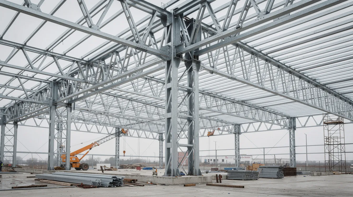 Die Stahlkonstruktion einer modernen Industriehalle im Bau zeigt sichtbare Stahlträger und Profile, die aus hochwertigen Baustählen gemäß DIN EN 10025-2 gefertigt sind. Diese Konstruktion veranschaulicht die Einsatzmöglichkeiten von Stahl im Maschinenbau und Bauwesen, wobei die Festigkeit und Schweißbarkeit der verwendeten Stahlsorten entscheidend für die Stabilität ist.