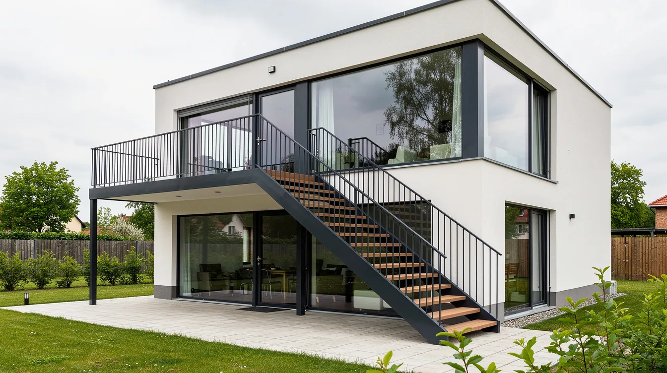 Die anthrazitfarbene pulverbeschichtete Stahltreppe mit WPC-Stufen in Holzoptik führt zu einem modernen Einfamilienhaus mit Flachdach und großen Fenstern. Diese Außentreppe aus Stahl bietet eine elegante Verbindung zwischen dem Außenbereich und dem Zuhause.