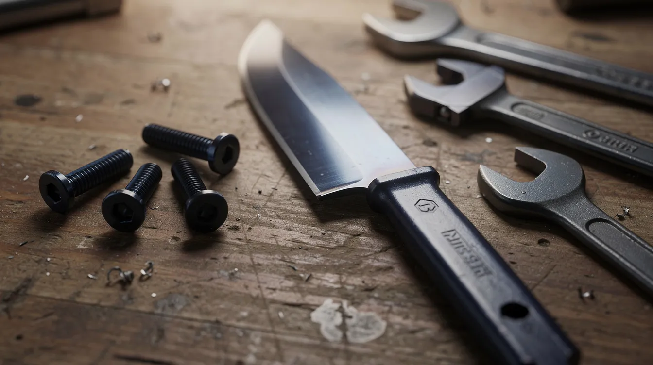 Auf einer Werkbank liegen verschiedene brünierte Stahlteile, darunter Schrauben, eine Messerklinge und weitere Werkzeuge. Die brünierten Oberflächen bieten einen effektiven Schutz gegen Korrosion und verleihen den Metallobjekten eine ansprechende Optik.