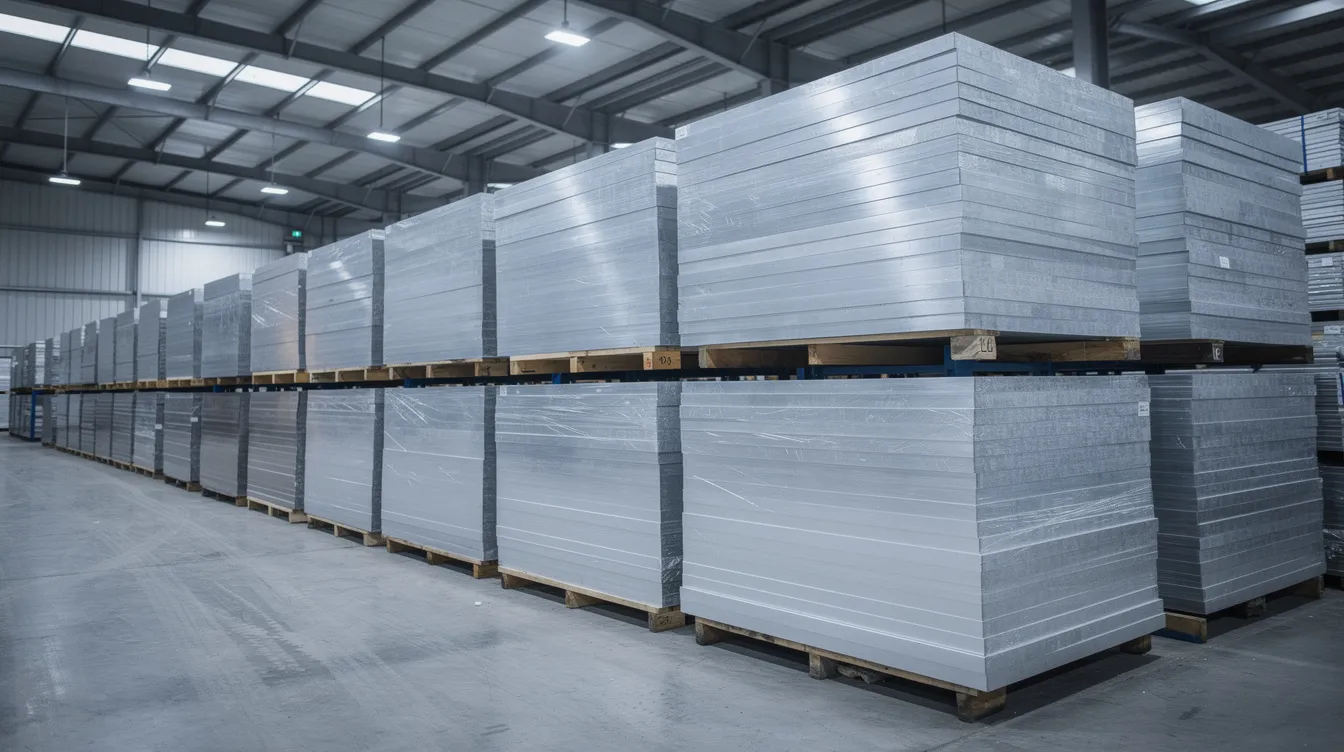 In einem Industrielager sind mehrere gestapelte Aluminiumplatten sichtbar, die aus verschiedenen Aluminiumlegierungen bestehen. Diese Platten zeichnen sich durch ihre hohe Festigkeit und Korrosionsbeständigkeit aus und sind für Anwendungen im Fahrzeugbau sowie in der Luftfahrt geeignet.